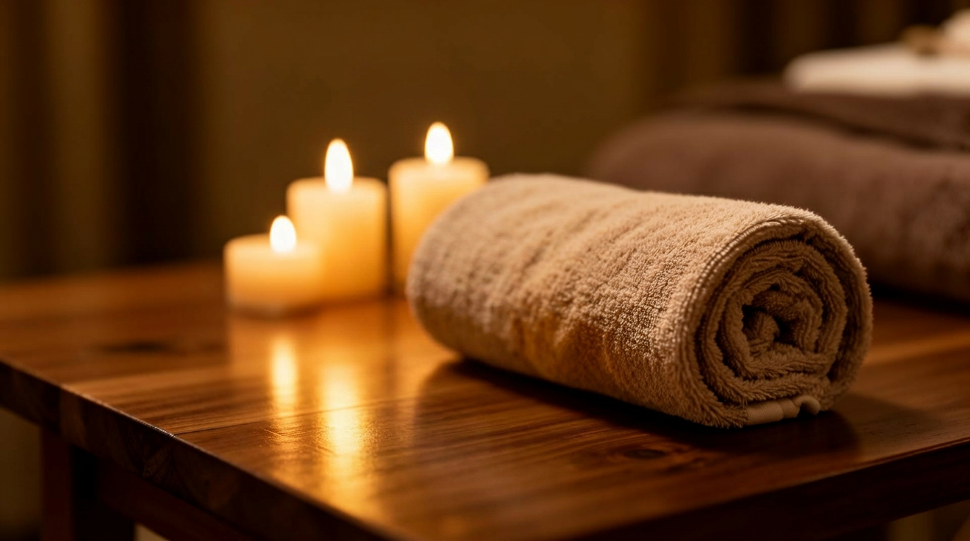 Teplé světlo svíček a masážní olej v intimním wellness studiu